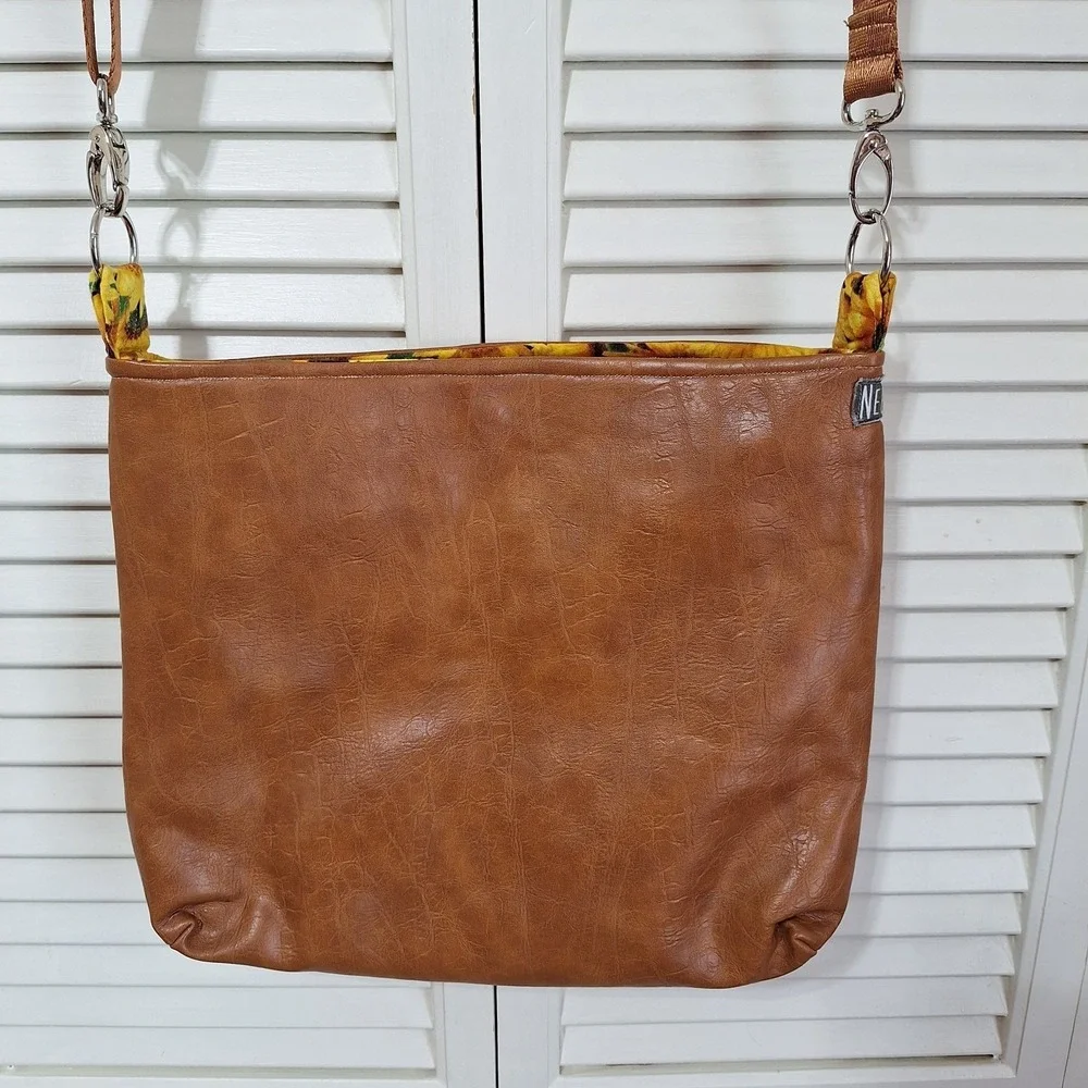 NeeJee Wear Crossbody Bag Purse Brown Sunflower Print Clutch Face Mask Handmade